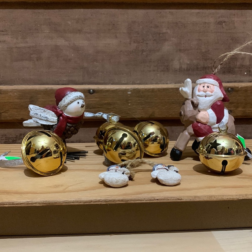Bells n birds  Christmas ornaments lot of 5.  bells, bird, Santa and other fun.